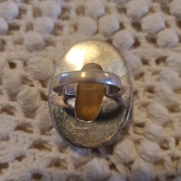 Sterling Silver 925 Large Stripe Oval Cabochon Statement Ring Boho Jewelry Sz 9 - Picture 5 of 9